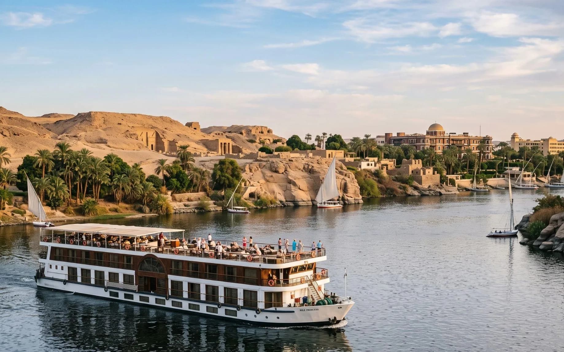 Теплоход Nile Princess на Ниле у острова Элефантина среди феллюк