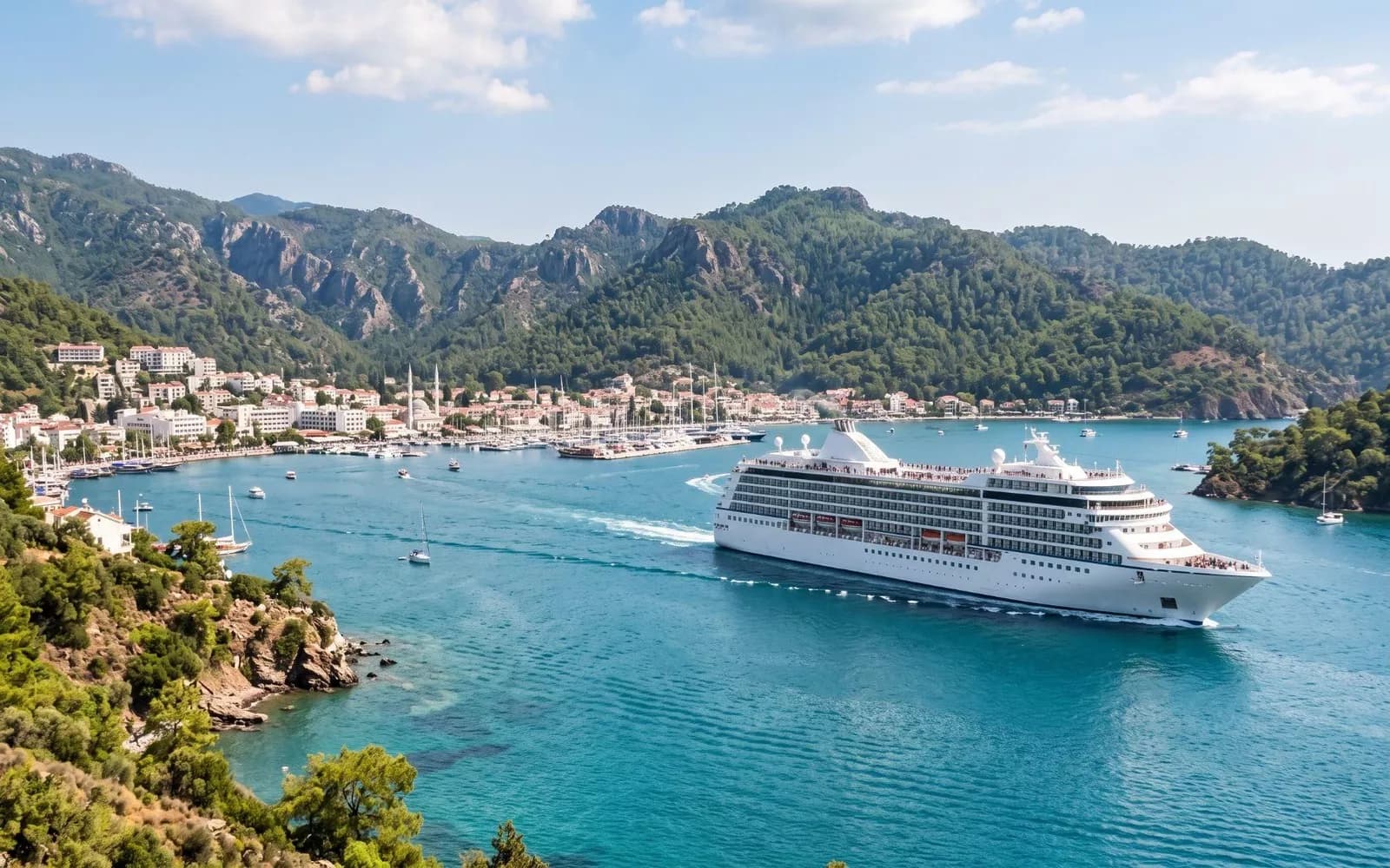 Круизный лайнер в заливе Мармариса среди зелёных гор