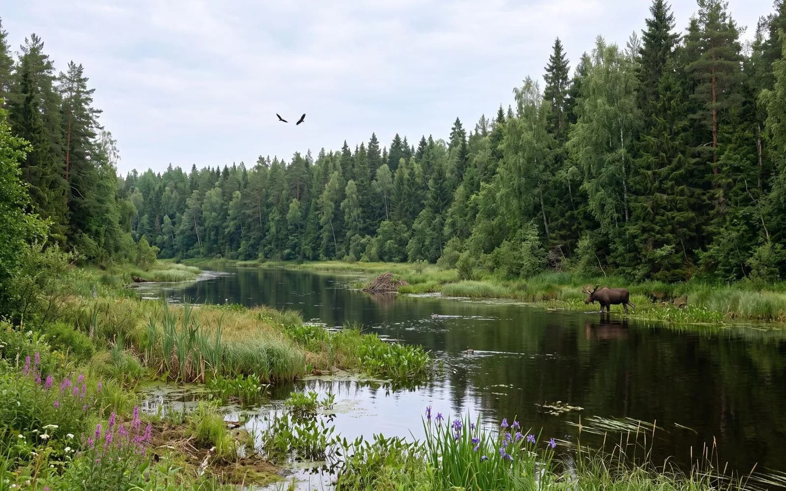 Лось на лесной реке в окрестностях Свирьстроя