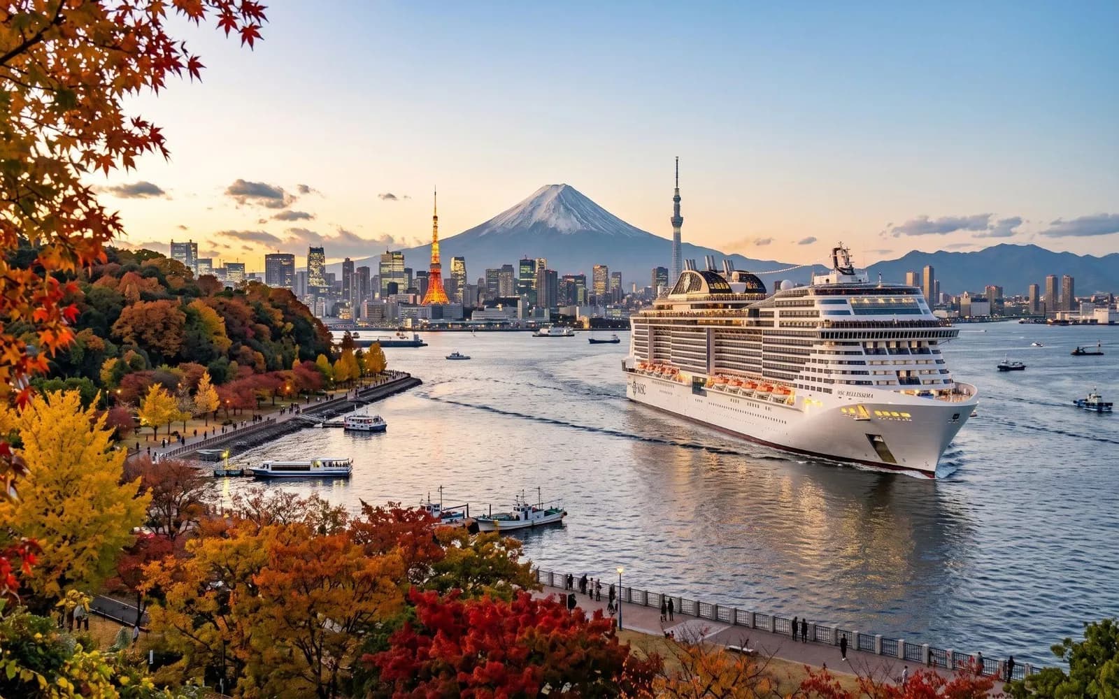Лайнер MSC Bellissima на фоне горы Фудзи осенью