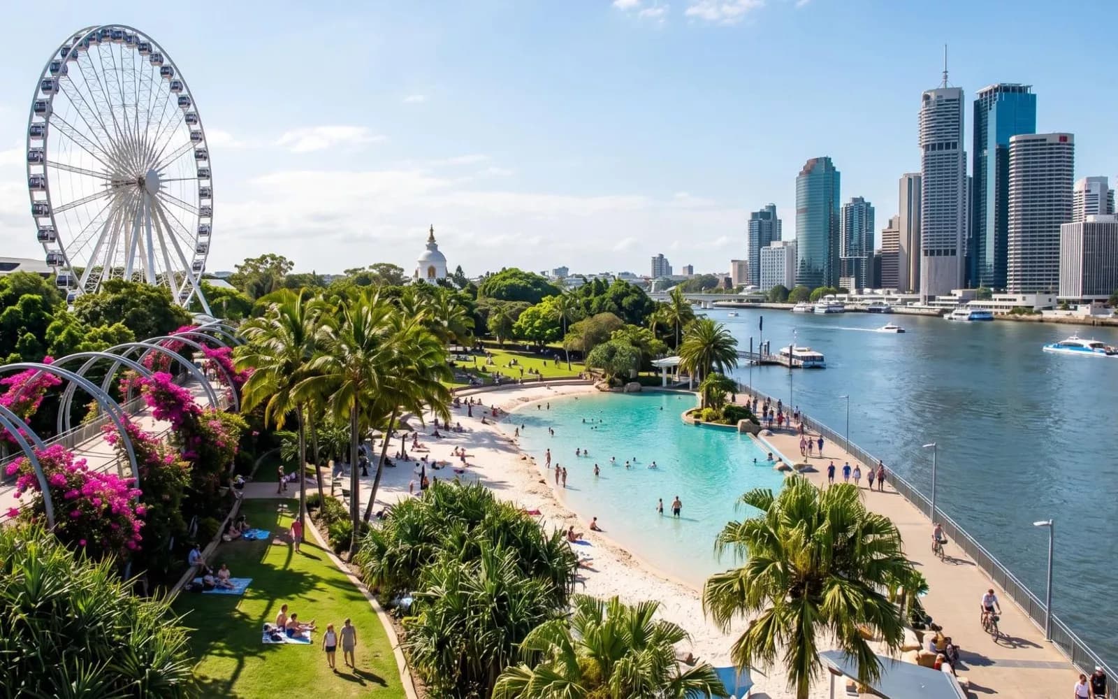 Пляж-лагуна South Bank в Брисбене, колесо обозрения и небоскрёбы