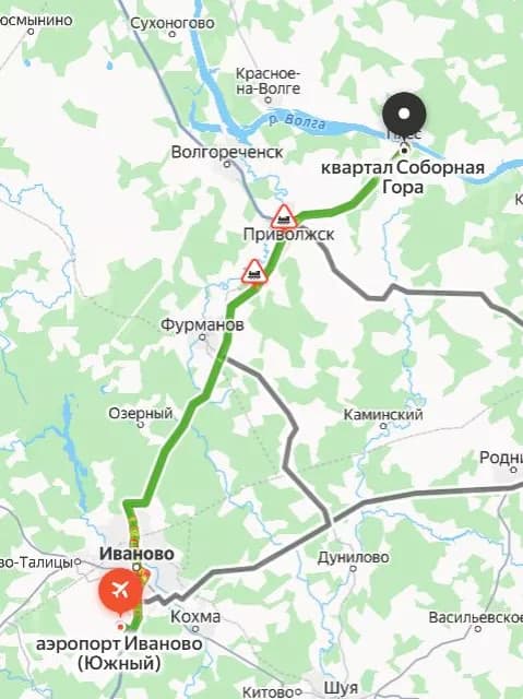 Карта маршрута из аэропорта Иваново до причала в Плёсе