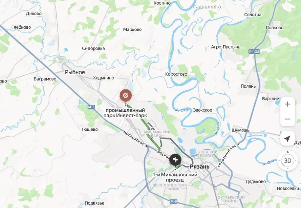 Карта маршрута от Москвы до причала в Рязани