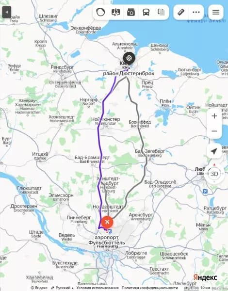 Карта маршрута от аэропорта Гамбурга до круизного терминала Остзеекай в Киле