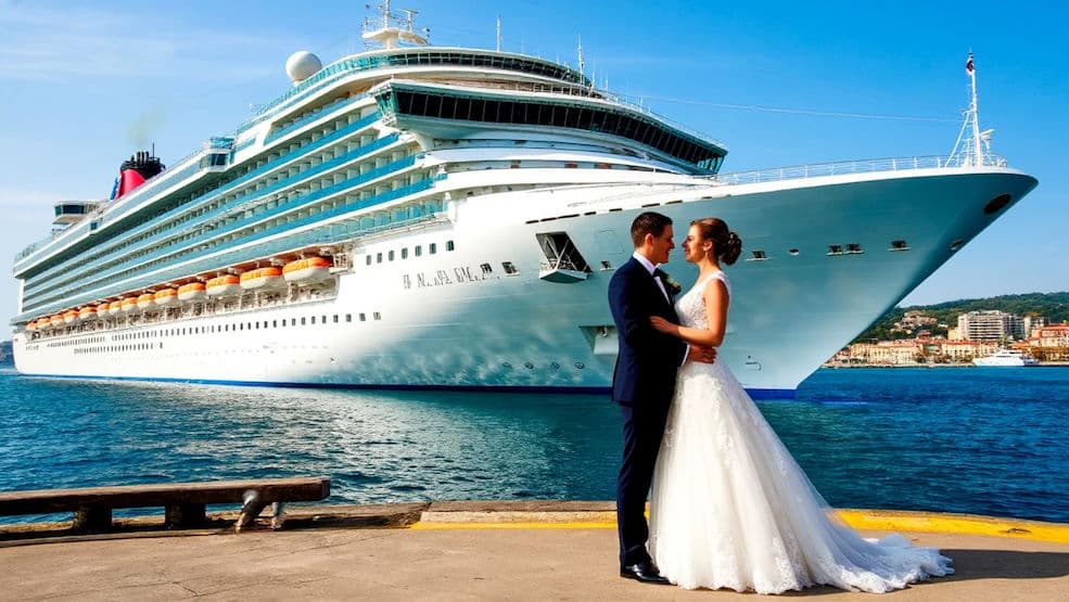 Жених и невеста на фоне морского лайнера