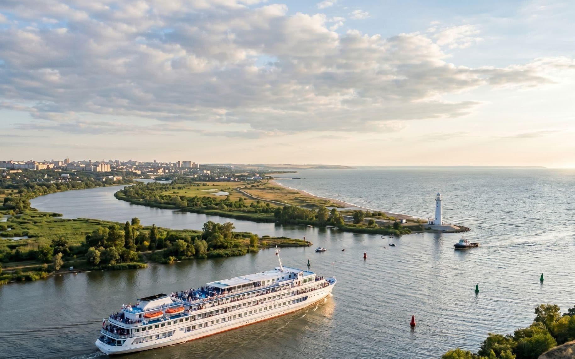 Теплоход проходит мимо маяка при входе в Азовское море рядом с прибрежным городом
