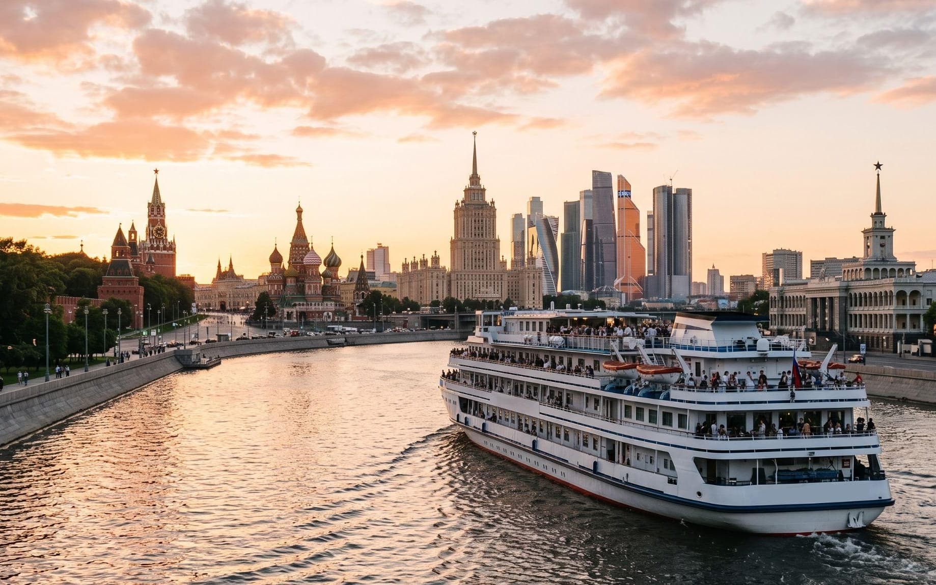 Круизный теплоход на Москве-реке на фоне Кремля и башен Москва-Сити
